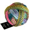 Zauberball von Schoppelwolle in bunten Farben mit Grün, Blau, Violett und Rosa.