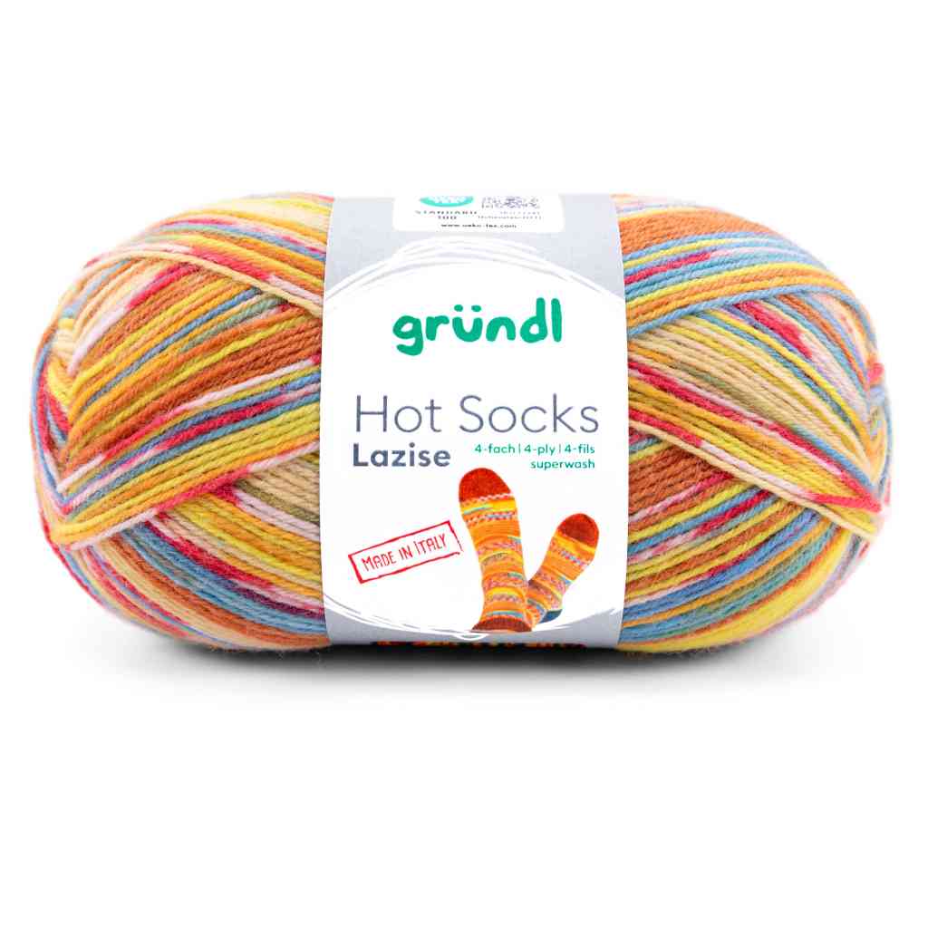 Gründl 04 -kürbis-aquablau-narzisse-rot-weiß-meliert Gründl Hot Socks Lazise Sockenwolle Lieblingsgarn