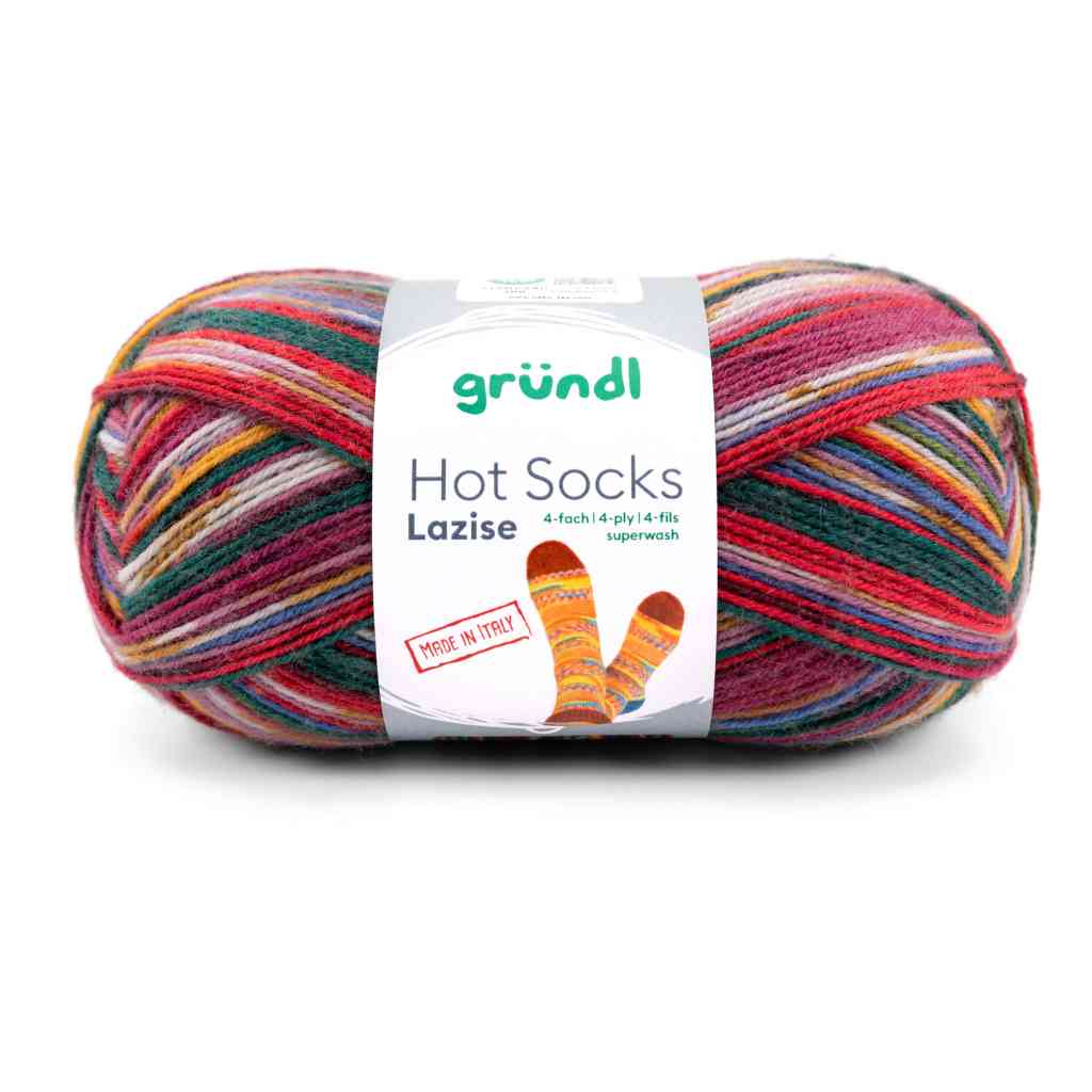 Gründl 08 -tannengrün-rot-honiggelb-blau-weinrot-meliert Gründl Hot Socks Lazise Sockenwolle Lieblingsgarn