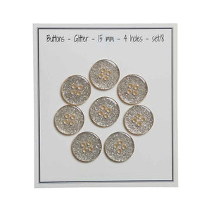 Go handmade Buttons glitter, 9mm 2 holes, set of 15 pcs.