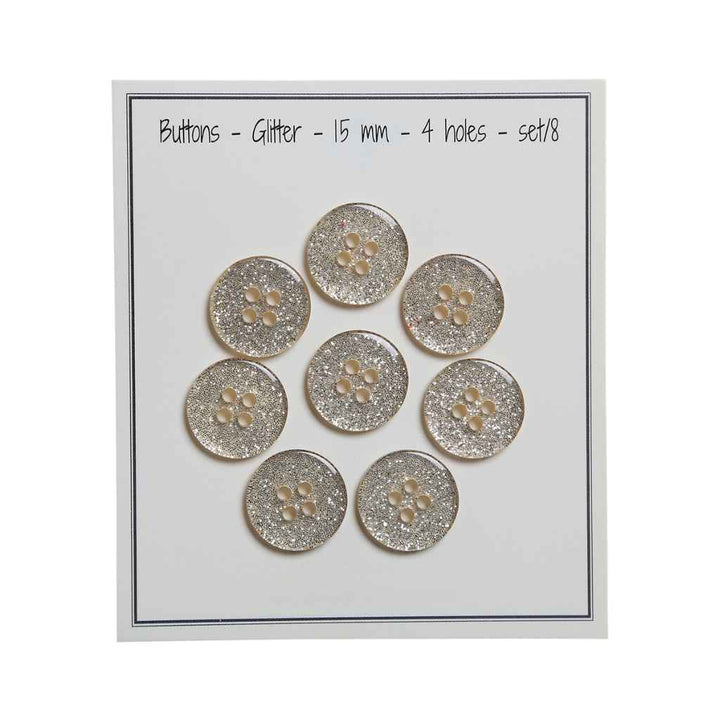 Go handmade Buttons glitter, 9mm 2 holes, set of 15 pcs.