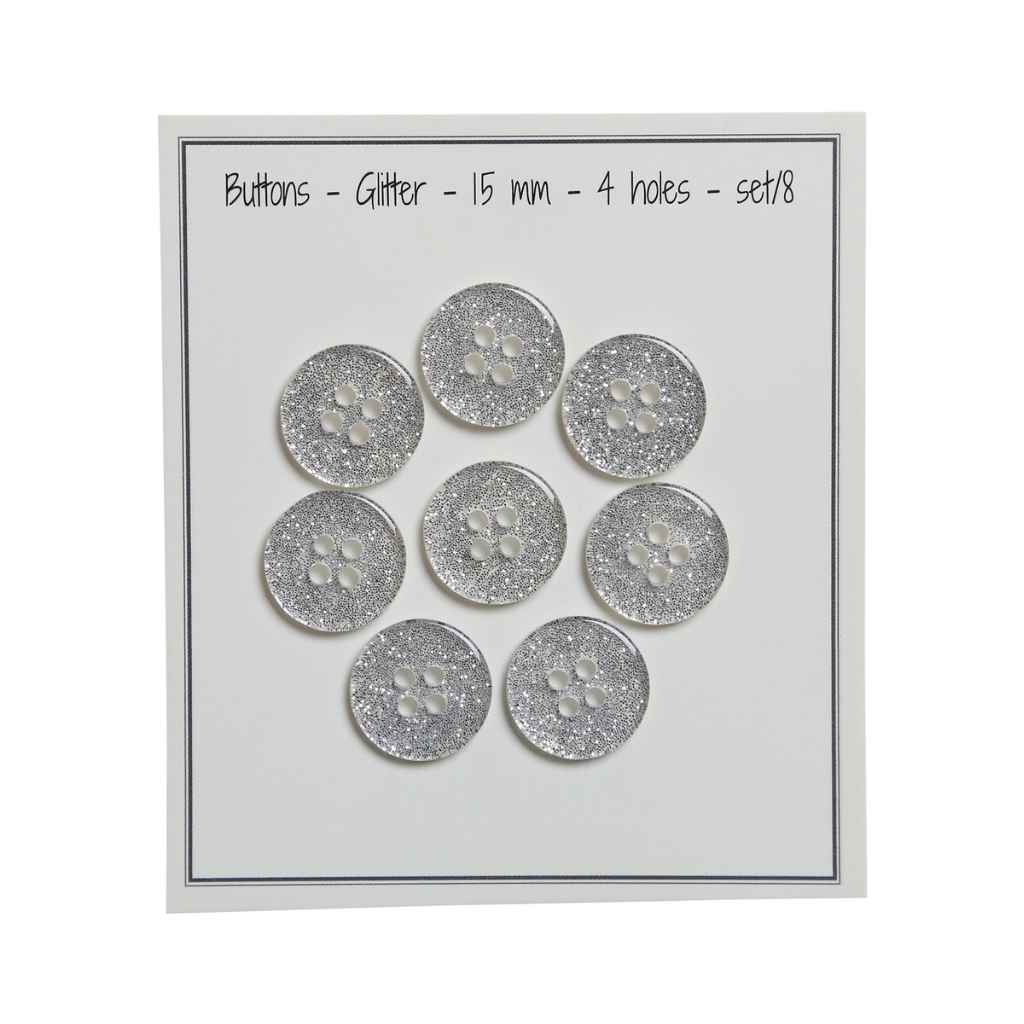 Go handmade Buttons glitter, 9mm 2 holes, set of 15 pcs.