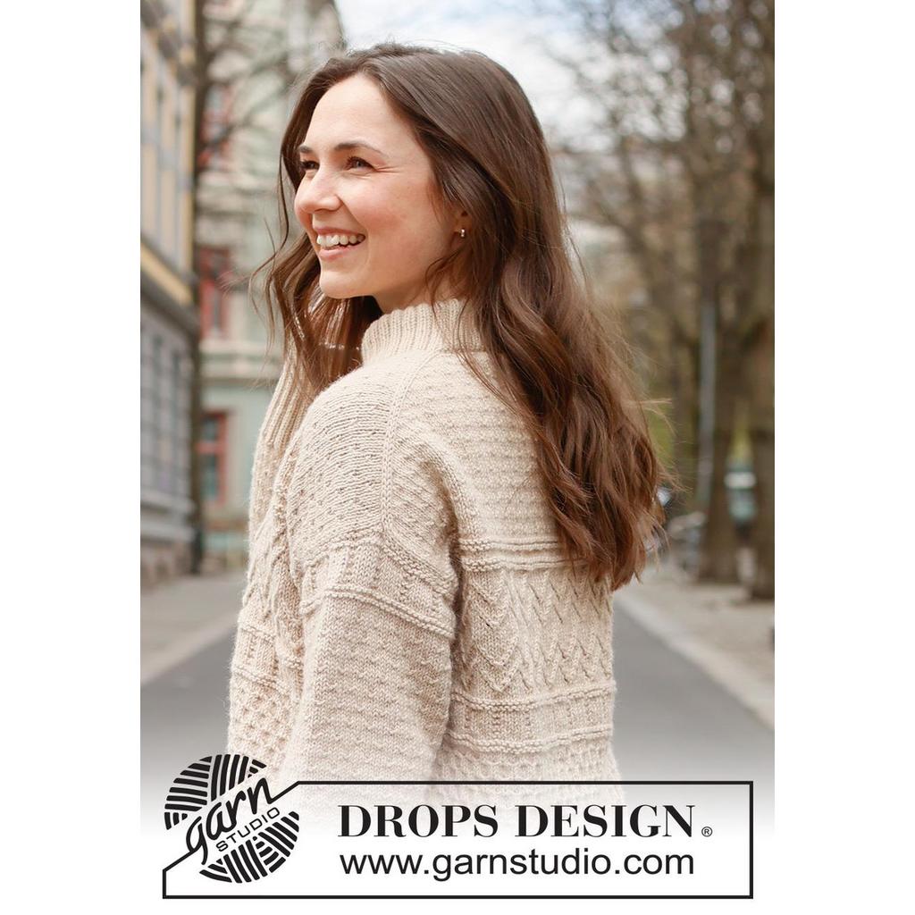 Pullover mit Reliefmuster und doppelter Halsblende Strickanleitung - Drops Design (PDF) bei bei Lieblingsgarn