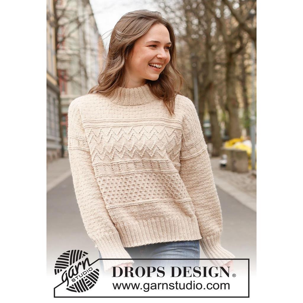 Pullover mit Reliefmuster und doppelter Halsblende Strickanleitung - Drops Design (PDF) bei bei Lieblingsgarn