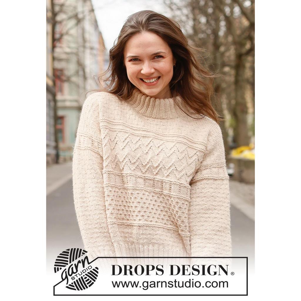 Pullover mit Reliefmuster und doppelter Halsblende Strickanleitung - Drops Design (PDF) bei bei Lieblingsgarn