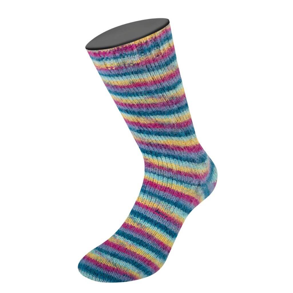 Lana Grossa 155 - Dunkelpetrol/Helltürkis/Gelb/Orchidee/Grauviolett Lana Grossa Cosy Socks Multi Stripes Lieblingsgarn