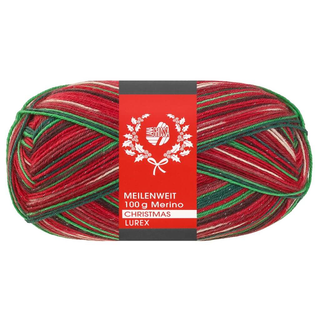 Lana Grossa Meilenweit 100 Merino Christmas, Farbe 6811 Weiß/Dunkelgrün/ braun/Orange/ Dunkelrot/Hellgrün bei Lieblingsgarn